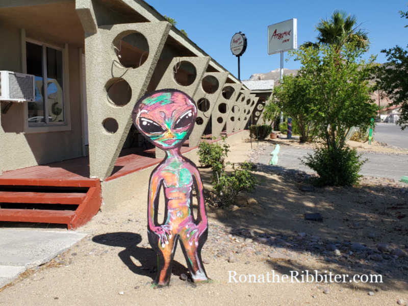 Alien visitor at Atomic Inn in Beatty, NV on quilters road trip in Nevada